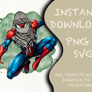 May include: A digital illustration of a superhero wearing a red and blue costume with a white keffiyeh. The superhero is in a dynamic pose with one leg raised and the other leg bent. The background is a watercolour wash of green and white.