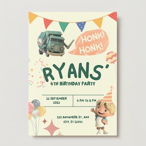 Invito di compleanno modificabile per camion della spazzatura Download immediato