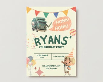 Op de afbeelding: Een gele en groene verjaardagsuitnodiging met een cartoon-vuilniswagen en een jongen die een feestmuts draagt. De uitnodiging luidt "RYANS' 4TH BIRTHDAY PARTY" en bevat de datum, tijd en het adres.