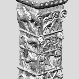 May include: A 3D STL file of a detailed, gray, ancient-style pillar. The pillar is intricately carved with animal and human figures. The top of the pillar has a square shape with a decorative border. The text "3D STL" and "Instant Digital Download" are visible.