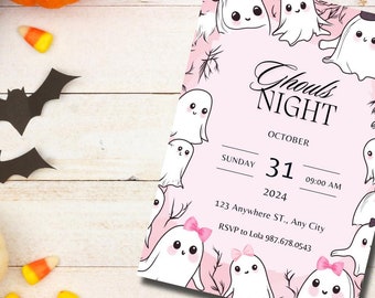 Editable Ghouls Night Halloween Invitation, Cute Pink Ghost Theme, Girls Night Out, Halloween Party, Printable Template, Instant Download