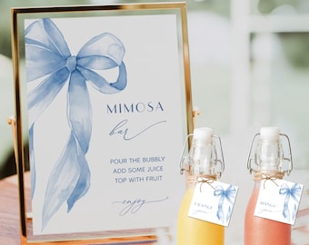 Blue Bow Mimosa Bar Sign, Blue Ribbon Bow Mimosa Sign, Something Blue Mimosa Bar Template, She's Tying The Knot Bridal Shower Signs #1D
