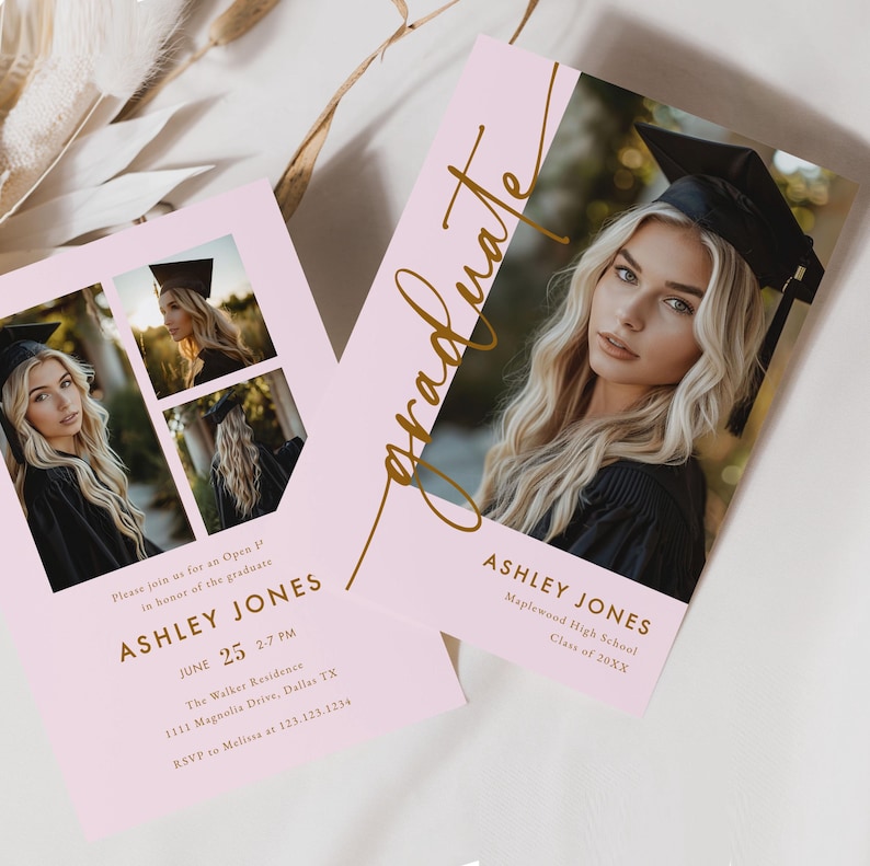 Pink graduation invitation with senior photo and elegant script, perfect for a girly celebration