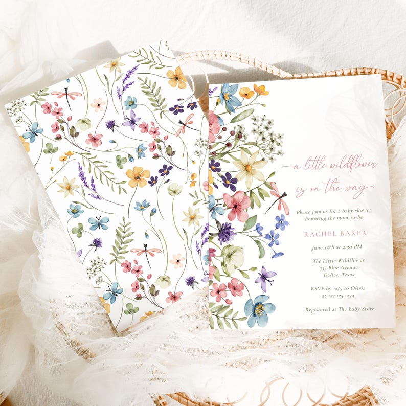 A Little Wildflower baby shower invitation template featuring delicate wildflower illustrations and editable text fields.