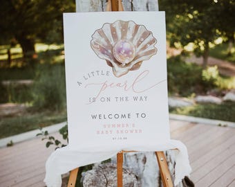 Little Pearl Under The Sea Baby Shower Sign, Pearl Baby Shower Welcome Sign, Girl Baby Shower Decor, Ocean Baby Shower Signs, Editable #3K