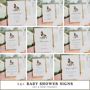 May include: A set of 10 printable baby shower signs featuring a watercolor illustration of a duck with green leaves. The signs include text such as "Mimosas Bar", "Thank You", "Don't Say Baby", "Pacifier Hunt", and "Diaper Raffle".