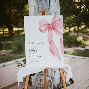 Pink Bow Welcome Sign, Editable Pink Bow 1st Birthday Welcome Sign, Minimalist Pink Watercolor Ribbon 1st Birthday Welcome Sign Banner #14B