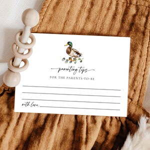 Eend advieskaartsjabloon babyshower, wilde eend, genderneutraal, kaart met tips voor ouderschap, advieskaart babyshower, bewerkbare pdf #001-BSG