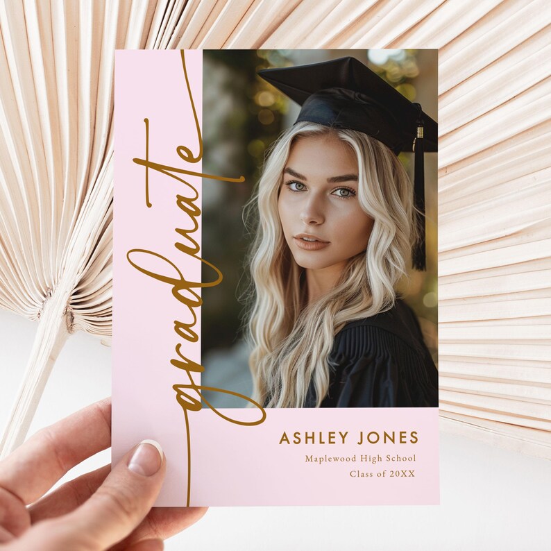 Editable girly grad party invite featuring soft pink tones and stylish typography