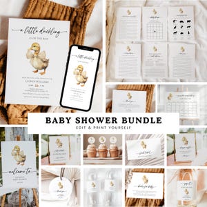 May include: A baby shower printable bundle featuring a cute yellow duckling with a bow. The bundle includes invitations, thank you cards, games, and decorations. The text "a little duckling is on the way" is featured on the invitation.