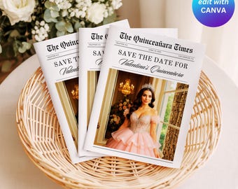 Quinceañera Save the Date Newspaper, Canva Template, Quince Photoshoot Newspaper, Quince Invitation, Sweet 15 Announcement