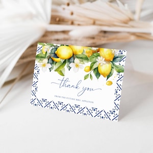 Mediterrane citroen bedankkaart vrijgezellenfeest Citrus bedankkaartsjabloon blauwe tegels zomerfruit bedankkaart digitale download #2AB