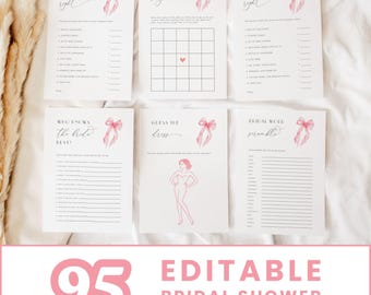 Puede incluir: Seis tarjetas de juegos de despedida de soltera blancas con detalles rosas, incluyendo una tarjeta de bingo y un juego de búsqueda de palabras. Cada tarjeta presenta una ilustración de lazo rosa. La parte inferior de la imagen muestra el texto "95 EDITABLE BRIDAL SHOWER GAMES, SIGNS & TICKETS."