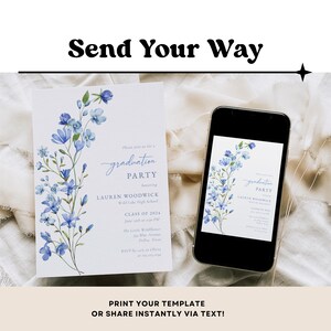 Editable graduation announcement template with delicate wildflowers and customizable text.