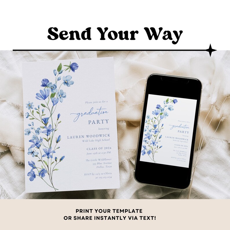 Editable graduation announcement template with delicate wildflowers and customizable text.