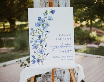 Blue Floral Graduation Party Welcome Sign Template, Girl Graduation Welcome Poster, Wildflower Graduation Welcome Sign, Editable Template J5