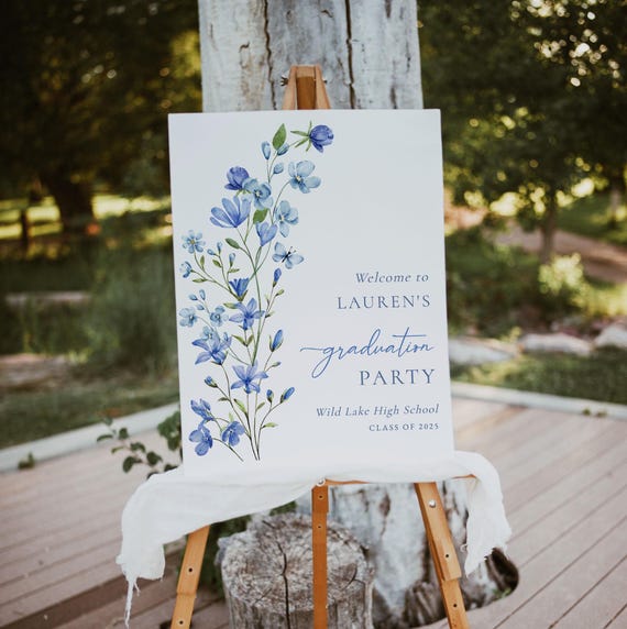 Blue Floral Graduation Party Welcome Sign Template, Girl Graduation Welcome Poster, Wildflower Graduation Welcome Sign, Editable Template J5
