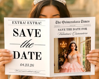Quinceañera Save the Date Newspaper, Canva Template, Quince Photoshoot Newspaper, Quince Invitation, Sweet 15 Announcement
