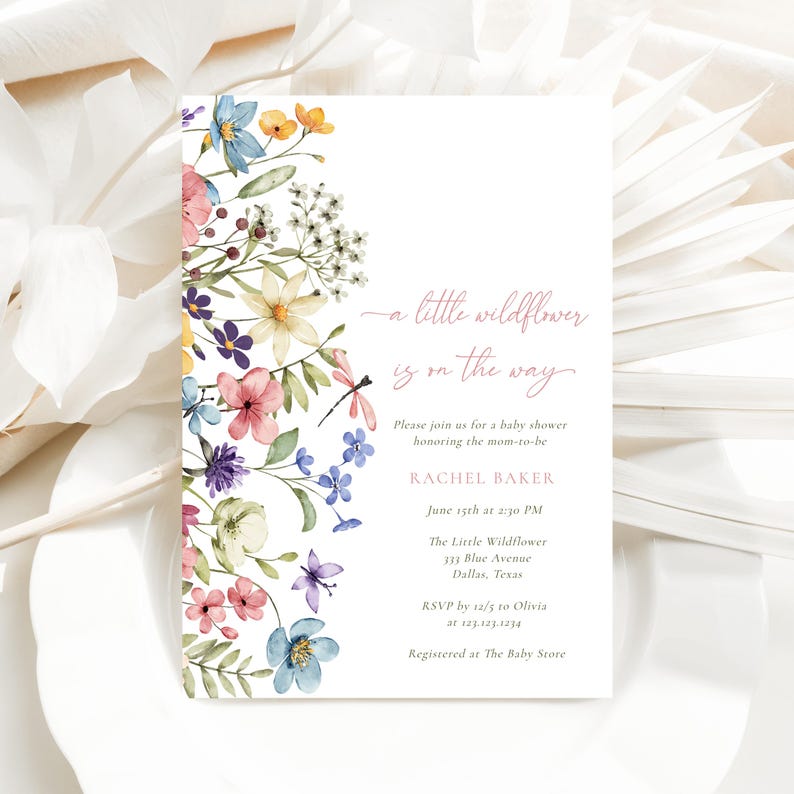 Printable baby in bloom shower invite with soft watercolor florals, perfect for a garden or boho baby shower celebration.