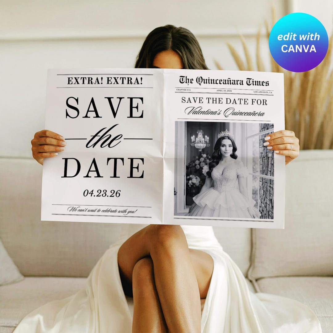 Quinceanera Save the Date Newspaper, Canva Template, Quinceañera