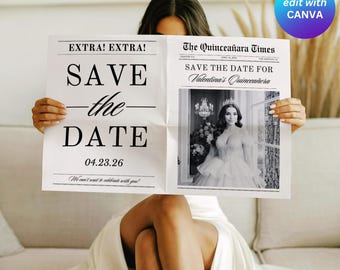 Quinceanera Save The Date Newspaper, Canva Template, Quinceañera invitation, Sweet 15 Newspaper Invite, Quince Photoshoot Newspaper
