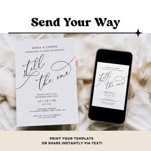 Printable vow renewal invitation template with the phrase “Still The One,” ideal for elegant wedding anniversary events. Fully editable and easy to personalize.
