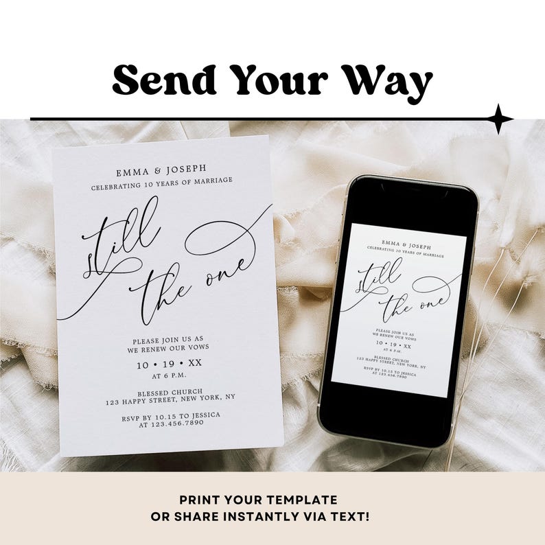 Printable vow renewal invitation template with the phrase “Still The One,” ideal for elegant wedding anniversary events. Fully editable and easy to personalize.