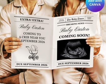 Anuncio de embarazo en periódico: Plantilla de Canva para baby shower de género neutro (descarga digital)
