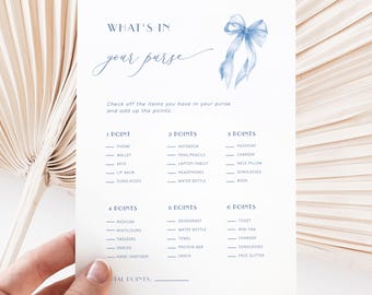 What's In Your Purse Game, Blue Bow Bridal Shower Games, Bridal Shower Games Template, Something Blue, What's In Your Purse Trivia Game 1D
