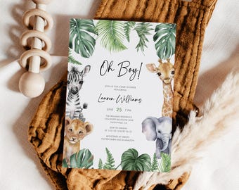 Aquarelle Oh Boy Safari Baby shower Invitation Invitation de baby shower dans la jungle Verdure Invitation animaux de safari dans la jungle Modèle modifiable #15J
