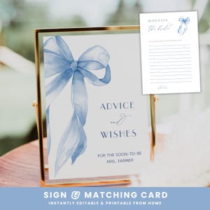 Bord met blauwe strikadvies en wensen, kaartsjabloon She's Tying The Knot advies voor de bruid, advieskaarten met blauwe strik vrijgezellenfeest, bewerkbaar #1D