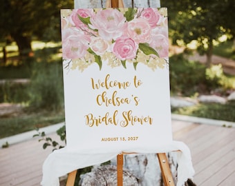 Pink And Gold Bridal Shower Welcome Sign Template, Pink & Gold Bridal Shower Sign, Floral Bridal Shower Banner, Editable Poster Printable A1