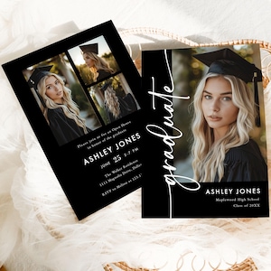 Black graduation invitation template with a modern layout and space for a senior photo