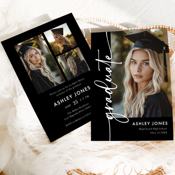 Black Graduation Invitation Template, Photo Graduation Party Invite, Modern Graduation Announcement, Class of 2025, Printable Editable #G2