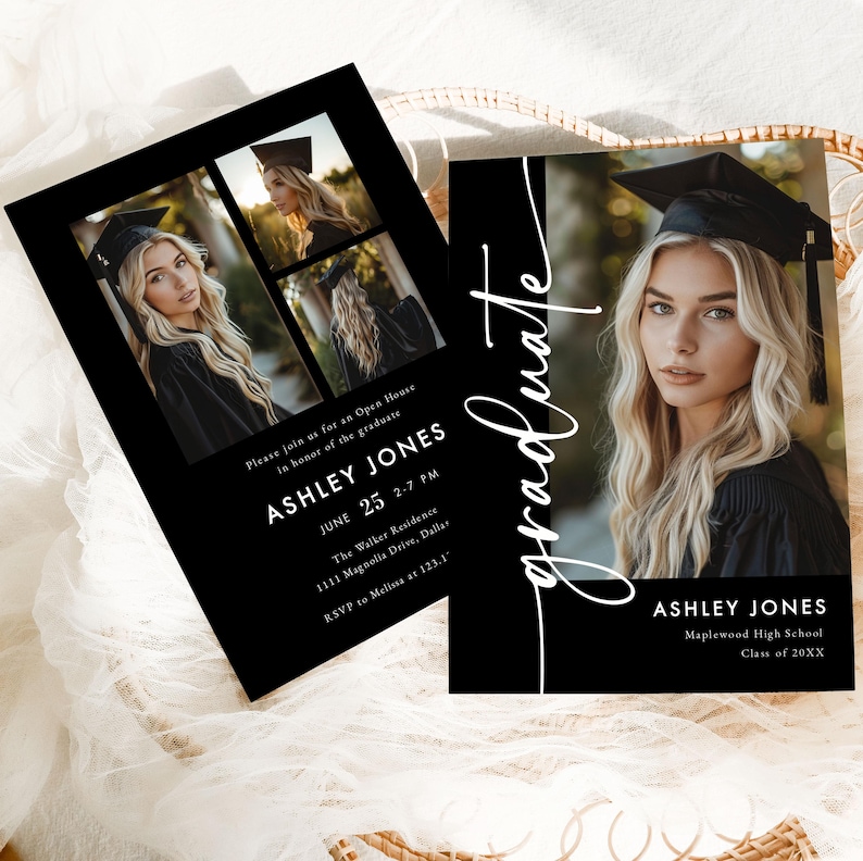 Black graduation invitation template with a modern layout and space for a senior photo