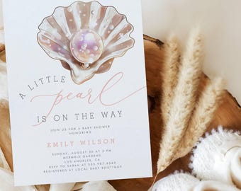 Little Pearl Under the Sea Baby Shower, Pink Baby Shower Invite, Ocean Baby Shower Invitation Girl, Little Pearl Is On The Way #3K-BSI