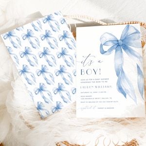 Blue Bow Baby Shower Invitation Template Printable, Blue Coquette Baby Shower Invite, Baby Boy, Baby Shower Invitation Boy Coquette Bow #1D