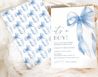 May include: Baby shower invitation with a watercolor blue bow design. The invitation reads "It's a Boy!" and includes event details. A matching card with a repeating bow pattern is also shown.