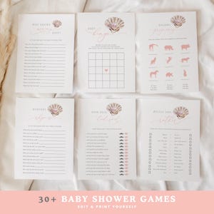 Peut inclure: Un ensemble de jeux de baby shower imprimables sur le thème des coquillages. Les jeux comprennent "Qui connaît le mieux maman", "Baby Bingo", "Grossesse animale", "Rimes de la crèche", "Maman a dit Papa a dit", et "Que préférerait papa".