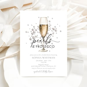 Plantilla de invitación para despedida de soltera con perlas y prosecco, elegante invitación imprimible para despedida de soltera con perlas, despedida de soltera con perlas y prosecco n.° 7UL