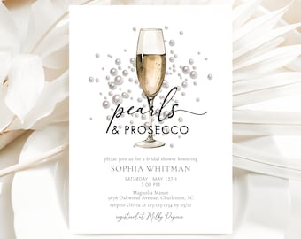 Pearls and Prosecco Bridal Shower Invitation Template, Printable Elegant Pearl Bridal Shower Invite, Pearls & Prosecco Wedding Shower #7UL