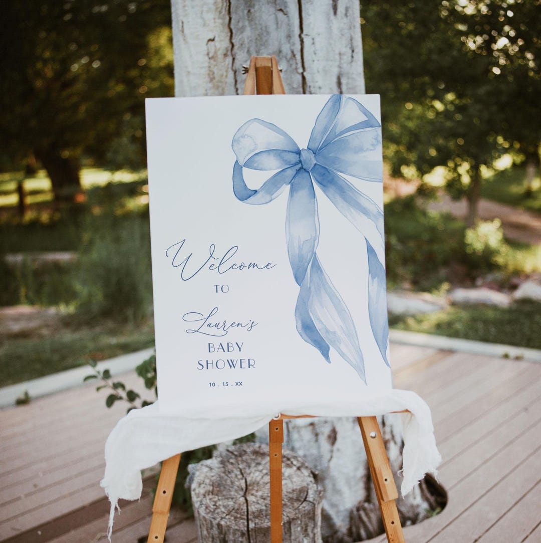 EDITABLE Blue Bow Welcome Sign for Baby Shower, Baby Shower Blue Bow ...
