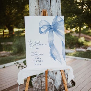 EDITABLE Blue Bow Welcome Sign for Baby Shower, Baby Shower Blue Bow Watercolor Ribbon Dusty Blue 1st Birthday Digital Template #1D