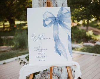 EDITABLE Blue Bow Welcome Sign for Baby Shower, Baby Shower Blue Bow Watercolor Ribbon Dusty Blue 1st Birthday Digital Template #1D