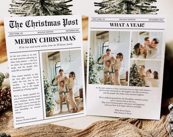 Christmas Card Newspaper Year in Review Template, Editable Holiday Newsletter Photo (Digital Download)