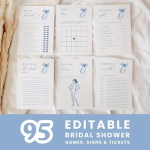 She&#39;s Tying the Knot Bridal Shower Games, Dusty Blue Bow Bridal Shower Game Bundle, Printable Something Blue Bow Bridal Party Games #1D