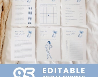 She's Tying the Knot Bridal Shower Games, Dusty Blue Bow Bridal Shower Game Bundle, Printable Something Blue Bow Bridal Party Games #1D