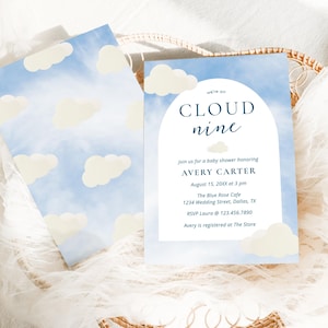 On Cloud Nine Baby Shower Invitation Cloud Baby Shower Digital Invitation Template Boho Baby Shower Invite Blue Baby Shower Invites #11H-BSI