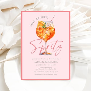 Pink Love At First Spritz Invitation, Aperol Spritz Bridal Shower Invite, Citrus Bridal Brunch Cocktail Evites, Editable Template #S2
