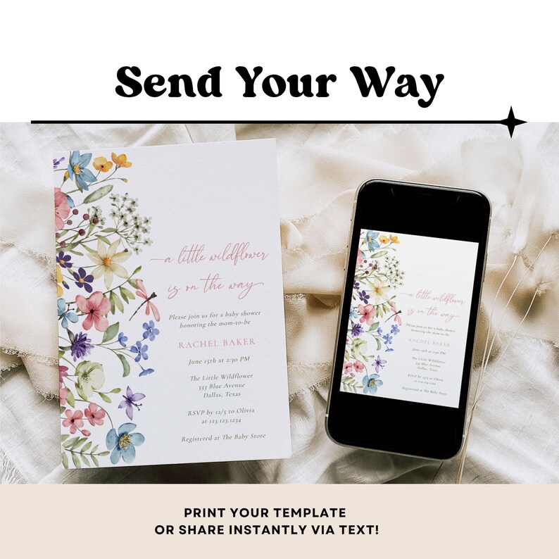 Digital baby shower invitation with “A Little Wildflower” theme, showcasing watercolor flowers and whimsical fonts.
